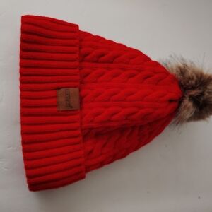 Kids Cable Knit Pom Beanie - Red